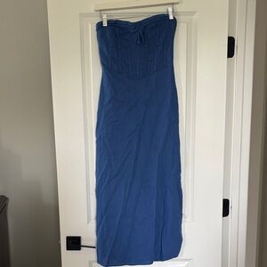 Sky to Moon Chic Linen Strapless Blue Dress